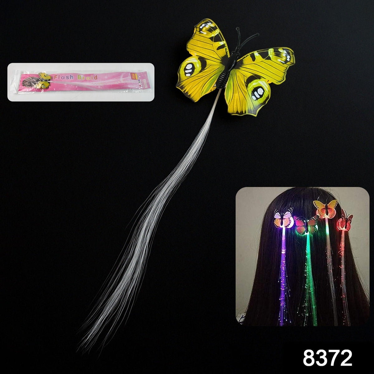 A yellow butterfly hair clip with white fiber optic strands lies next to its packaging, with an inset of three clips in hair.