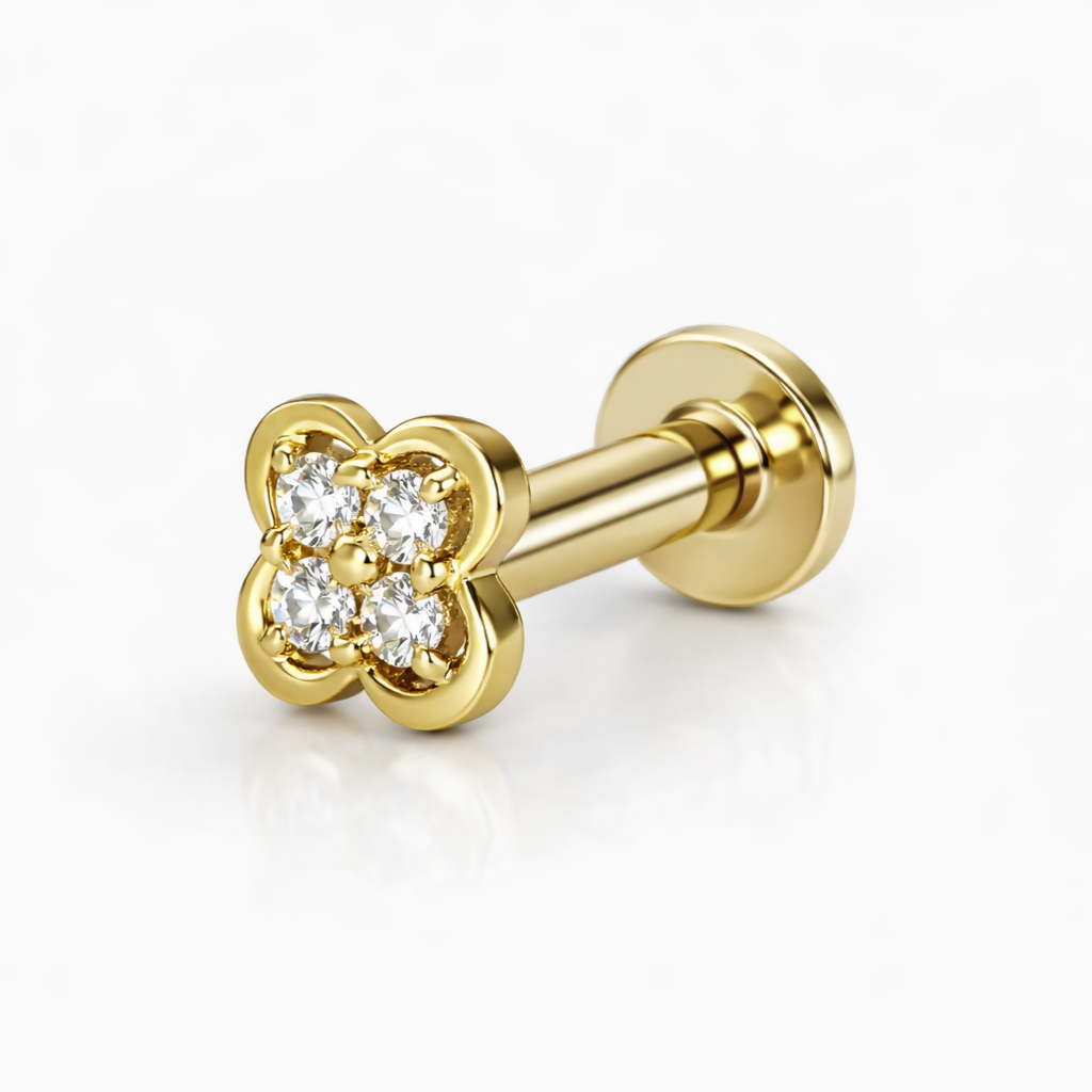 Gold plated Clover Flat-Back AD Nosepin Stud Piercing for women and girls