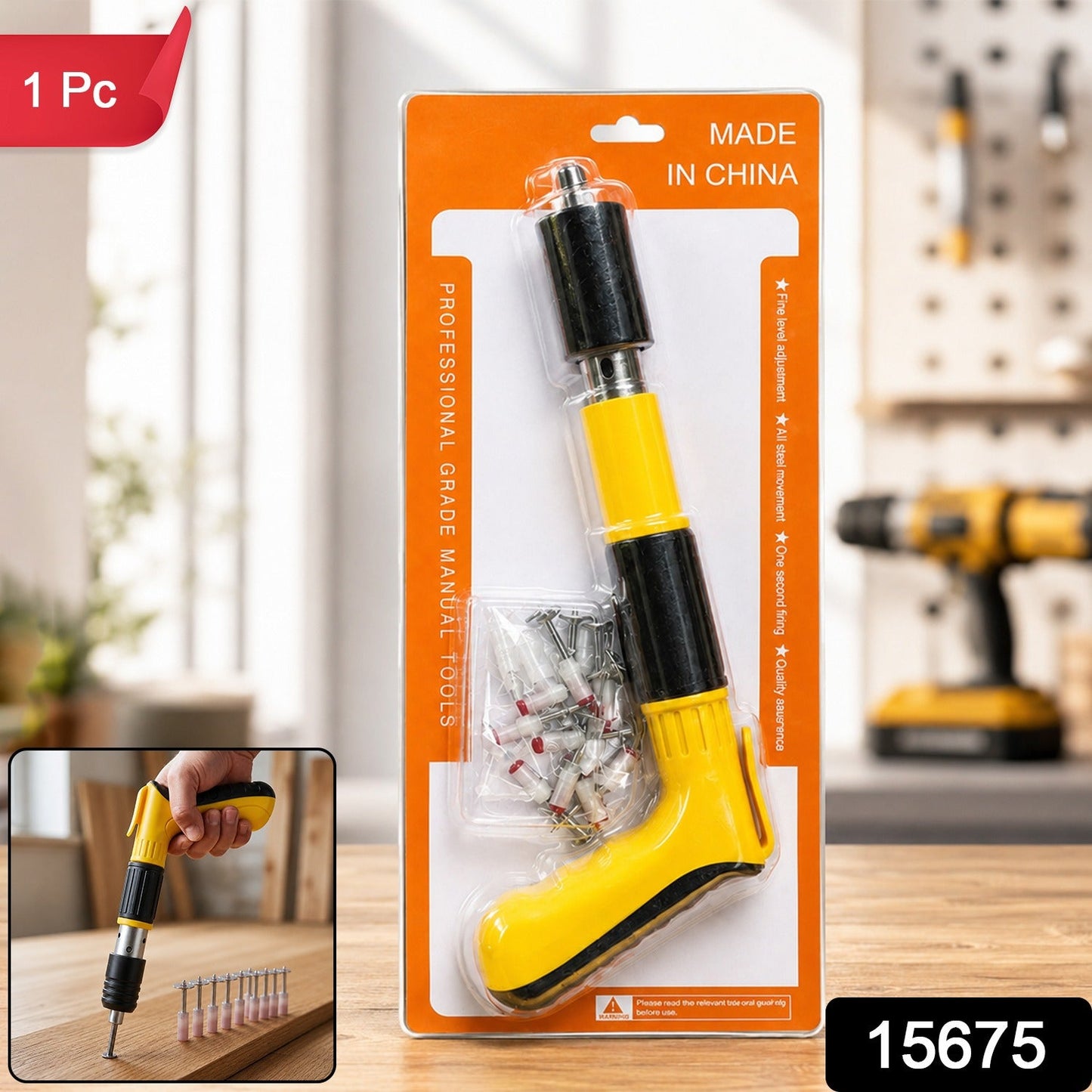 Yellow and black manual nail gun in blister packaging with fasteners, with a red "1 Pc" label and black "15675" label.