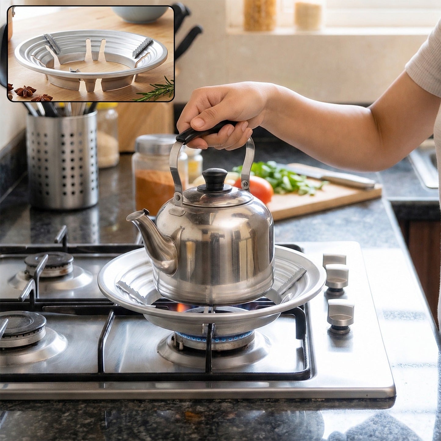 A person places a stainless steel kettle on a silver trivet over a gas stove burner. Inset shows the trivet.