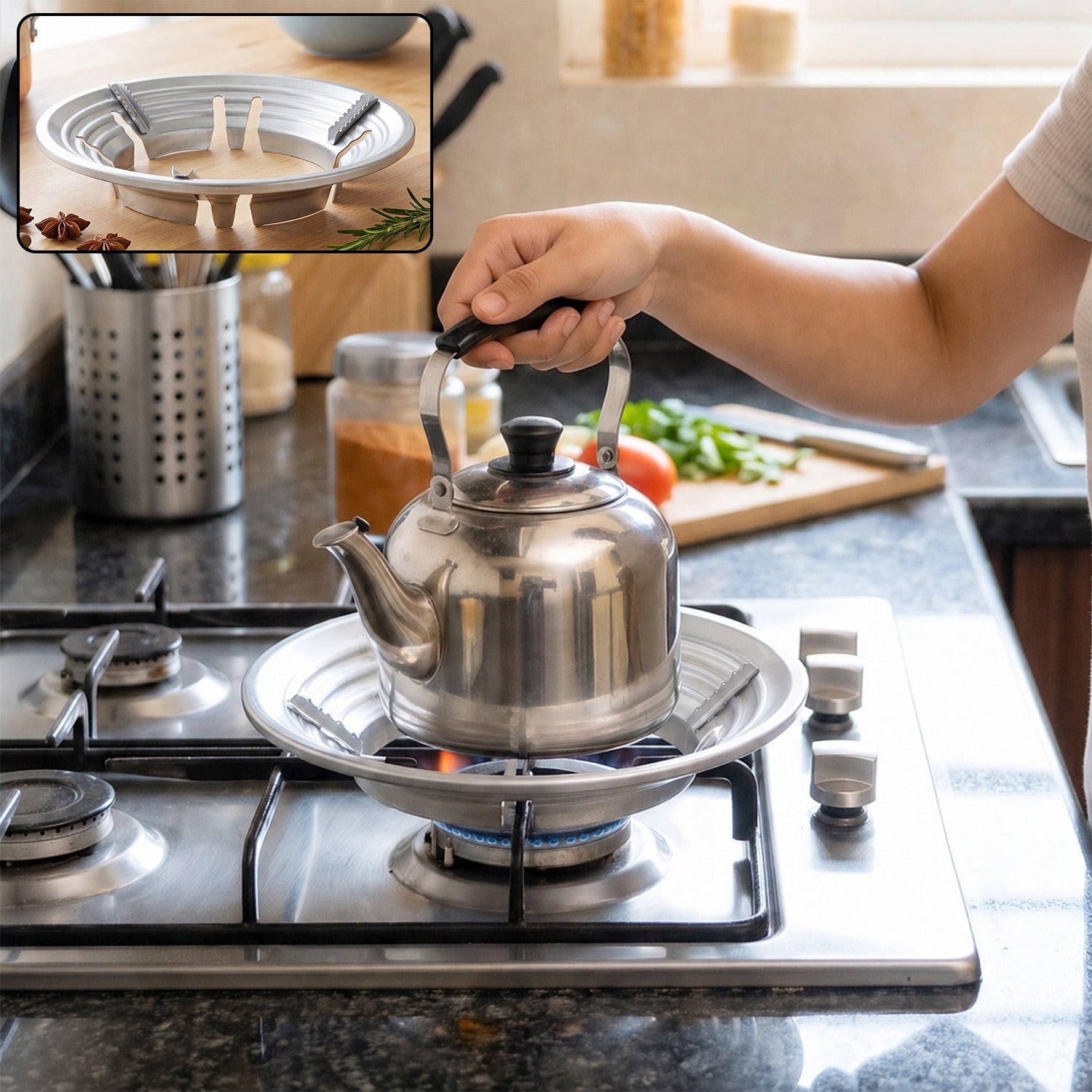 A person places a stainless steel kettle on a silver trivet over a gas stove burner. Inset shows the trivet.