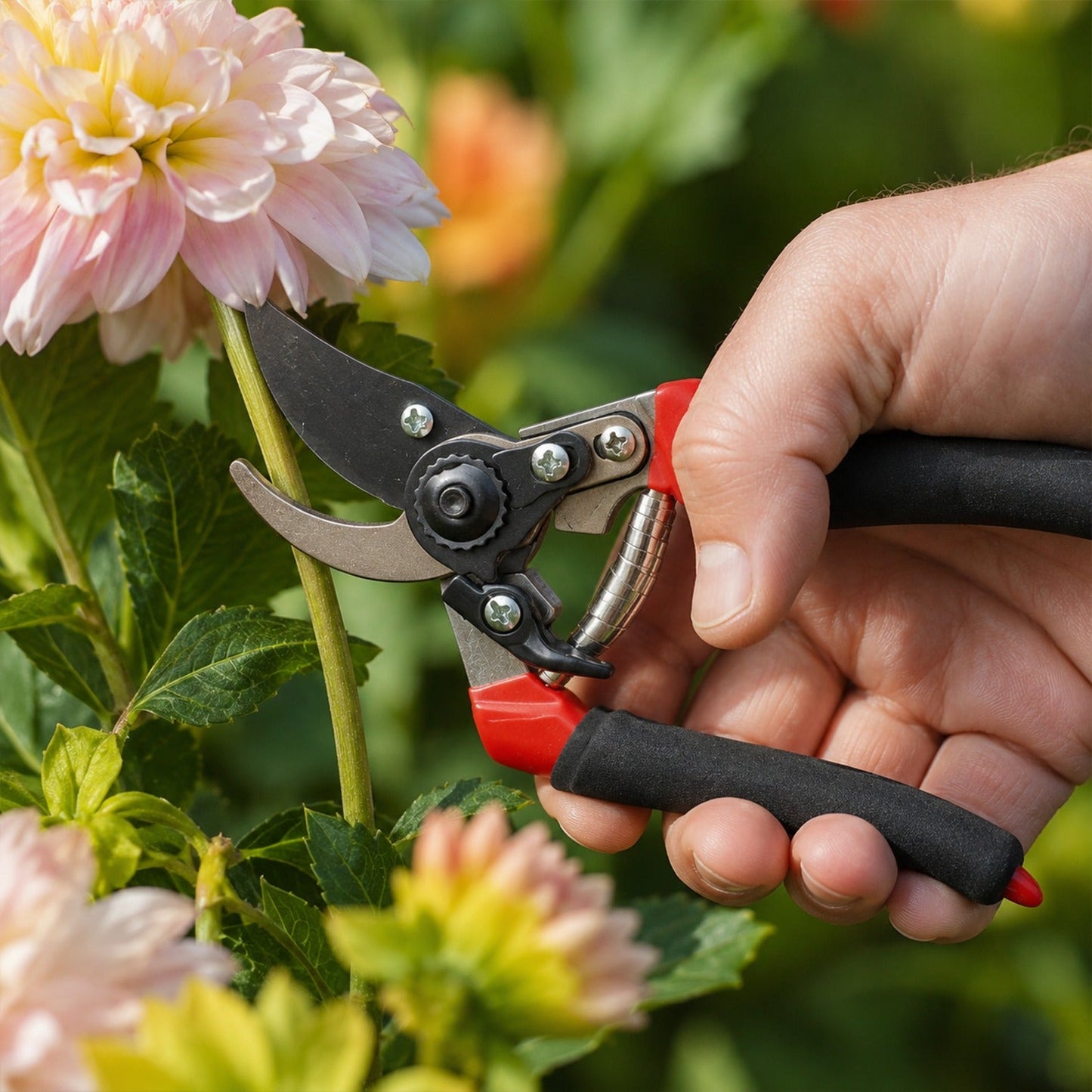 A hand holding red and black garden pruners, trimming a light pink dahlia flower stem.