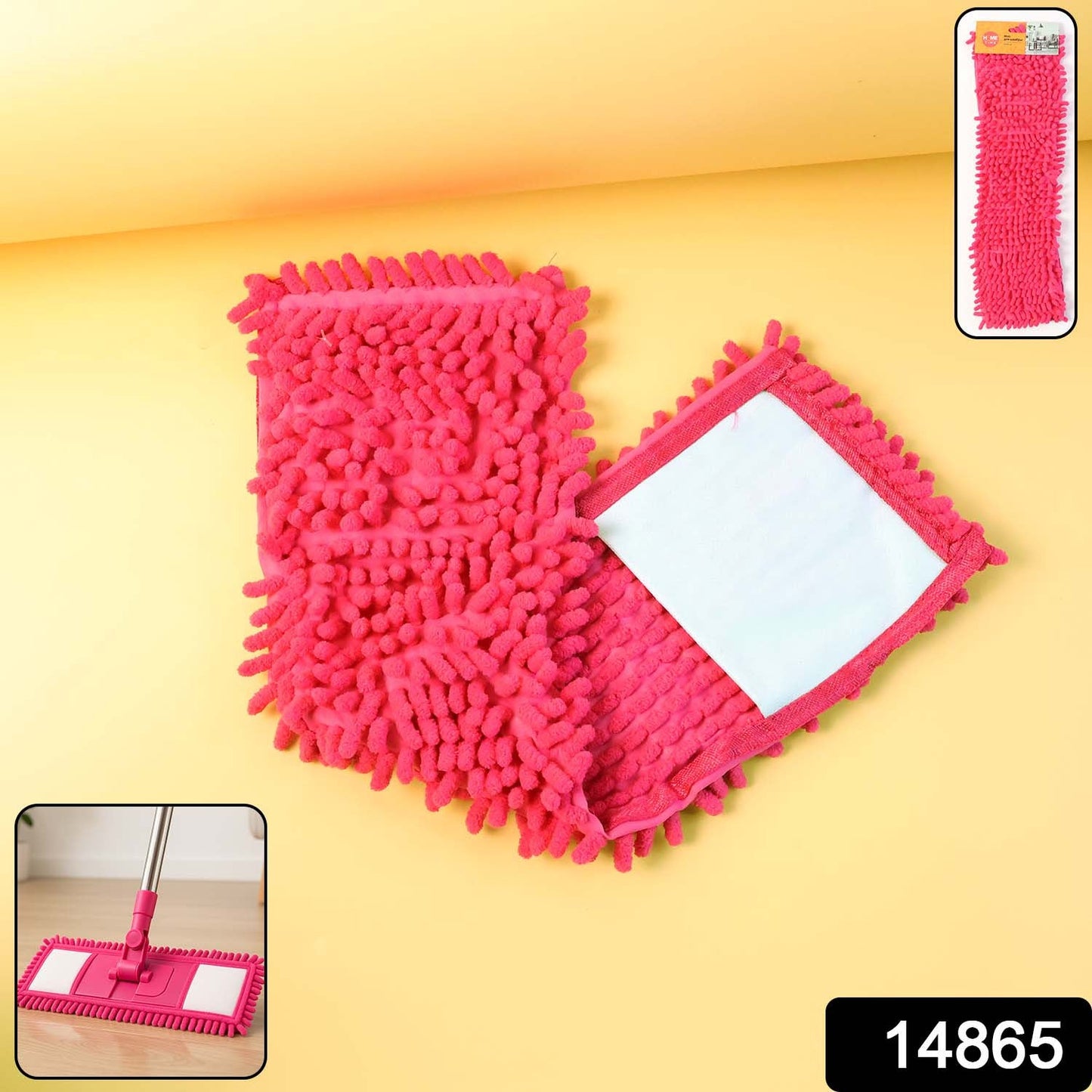 Close-up of a pink microfiber chenille mop refill pad showing texture and fibers