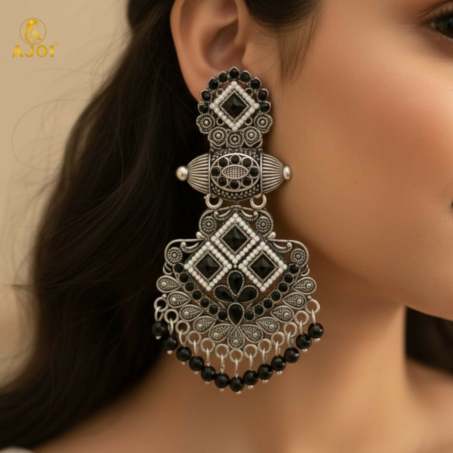 Oxidized Silver Black Stone Designer Chandbali Earrings for Women