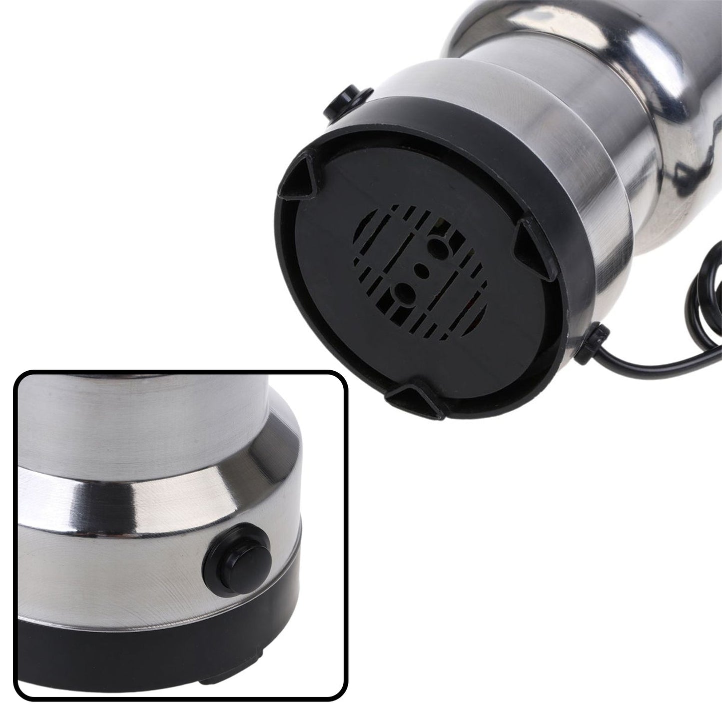Close-up views show the black power button on the grinder's side and the vented black base with a power cord.