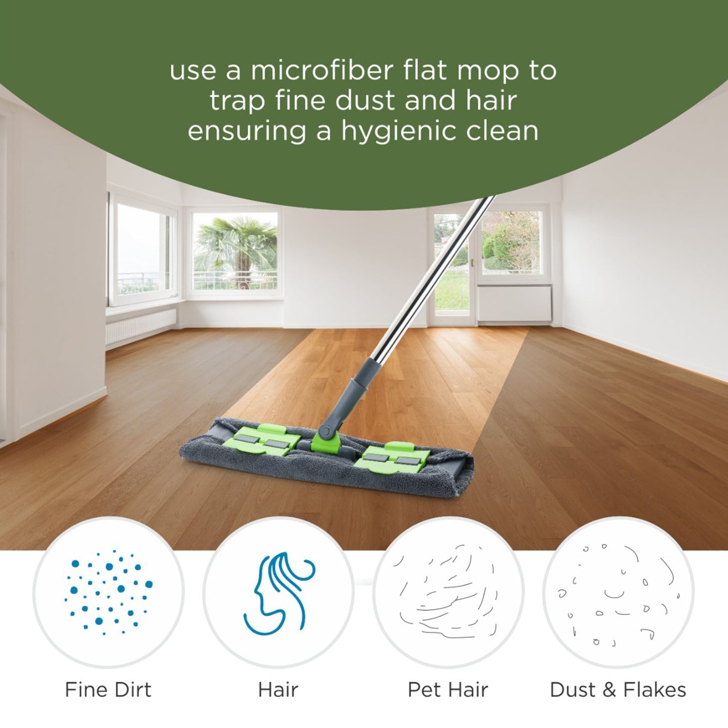 Ganesh multipurpose microfiber flat mop, showing its ease of use for both wet and dry applications.