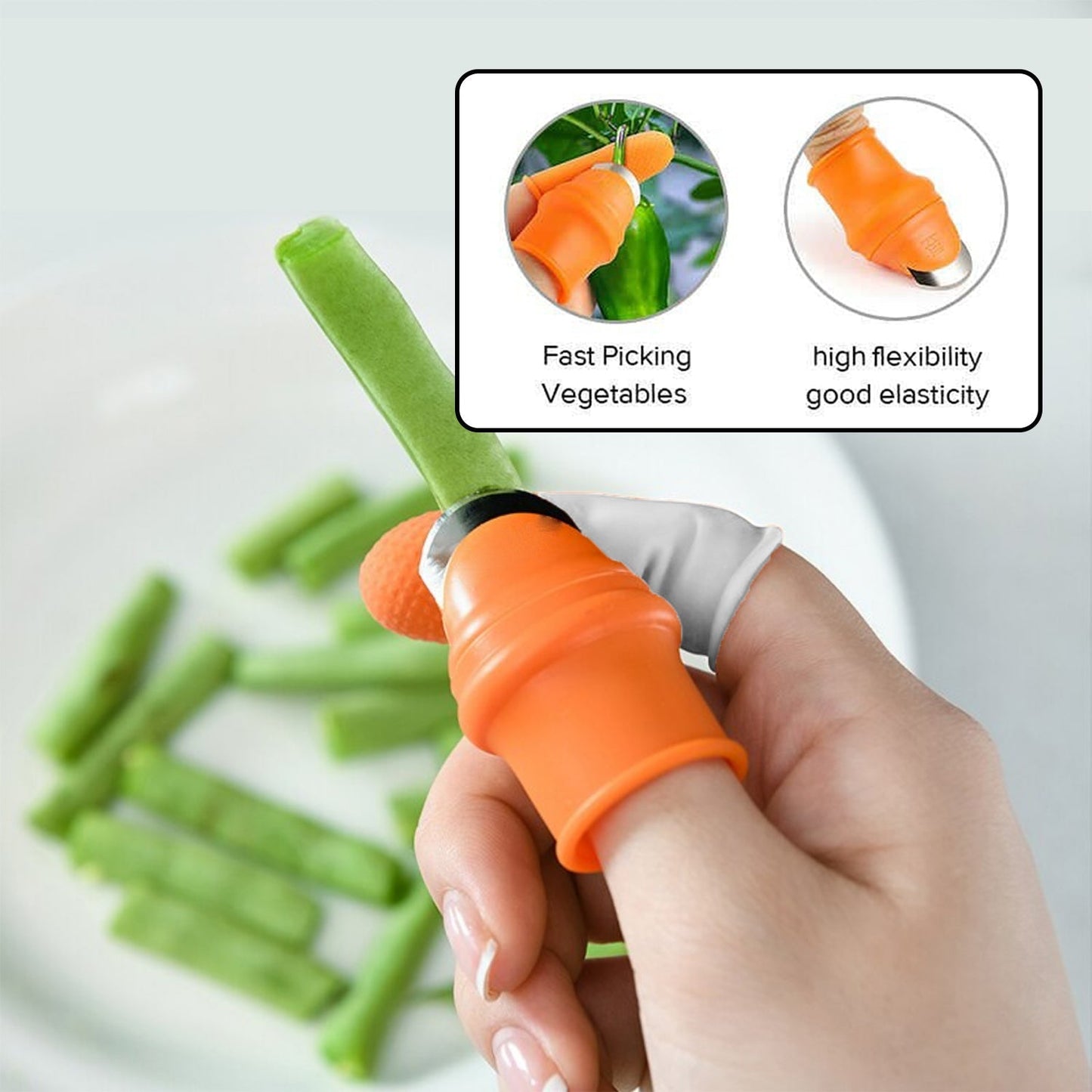 A hand wearing an orange thumb cutter and a white finger protector, trimming a green bean, with inset images showing its