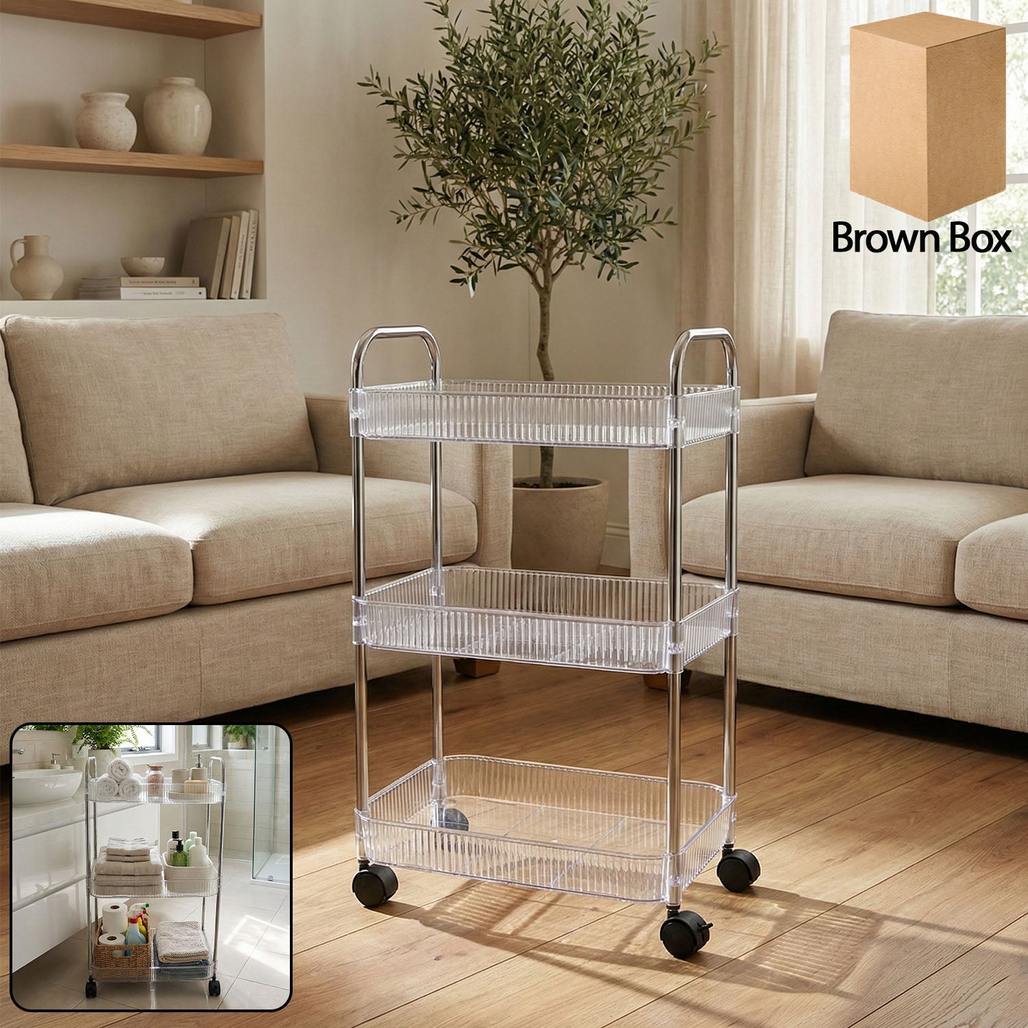 3-layer multipurpose storage trolley with open basket shelves and wheels for easy movement