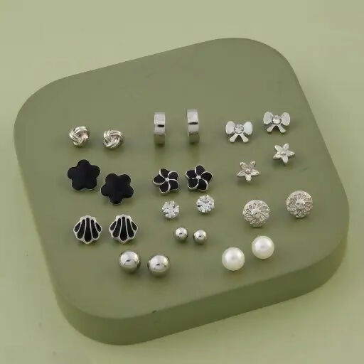 Silver & Black Stud Earrings Set for Women | Minimal & Floral Designs (12 Pair)
