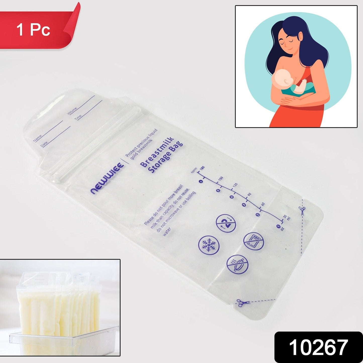 A breastmilk storage bag with text and icons, alongside an illustration of a mother breastfeeding and frozen milk cubes.
