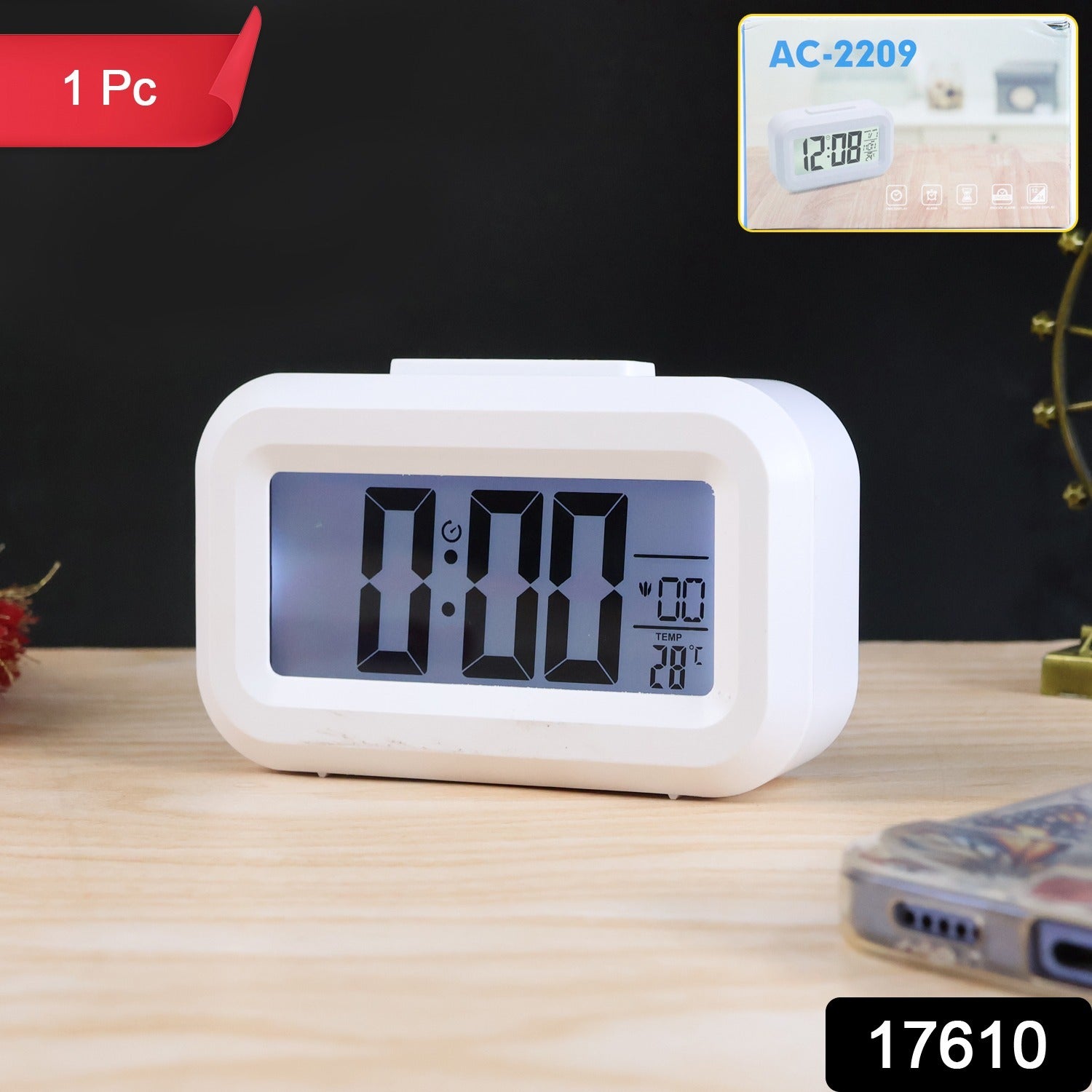 Smart LED clock showing time and indoor temperature