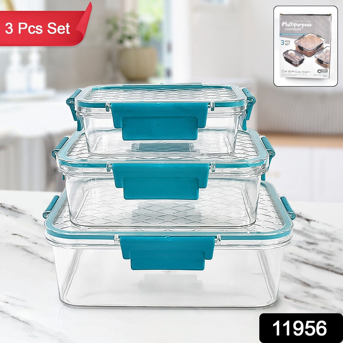 Three clear rectangular food containers with teal locking lids are stacked, with a product label and text overlay.