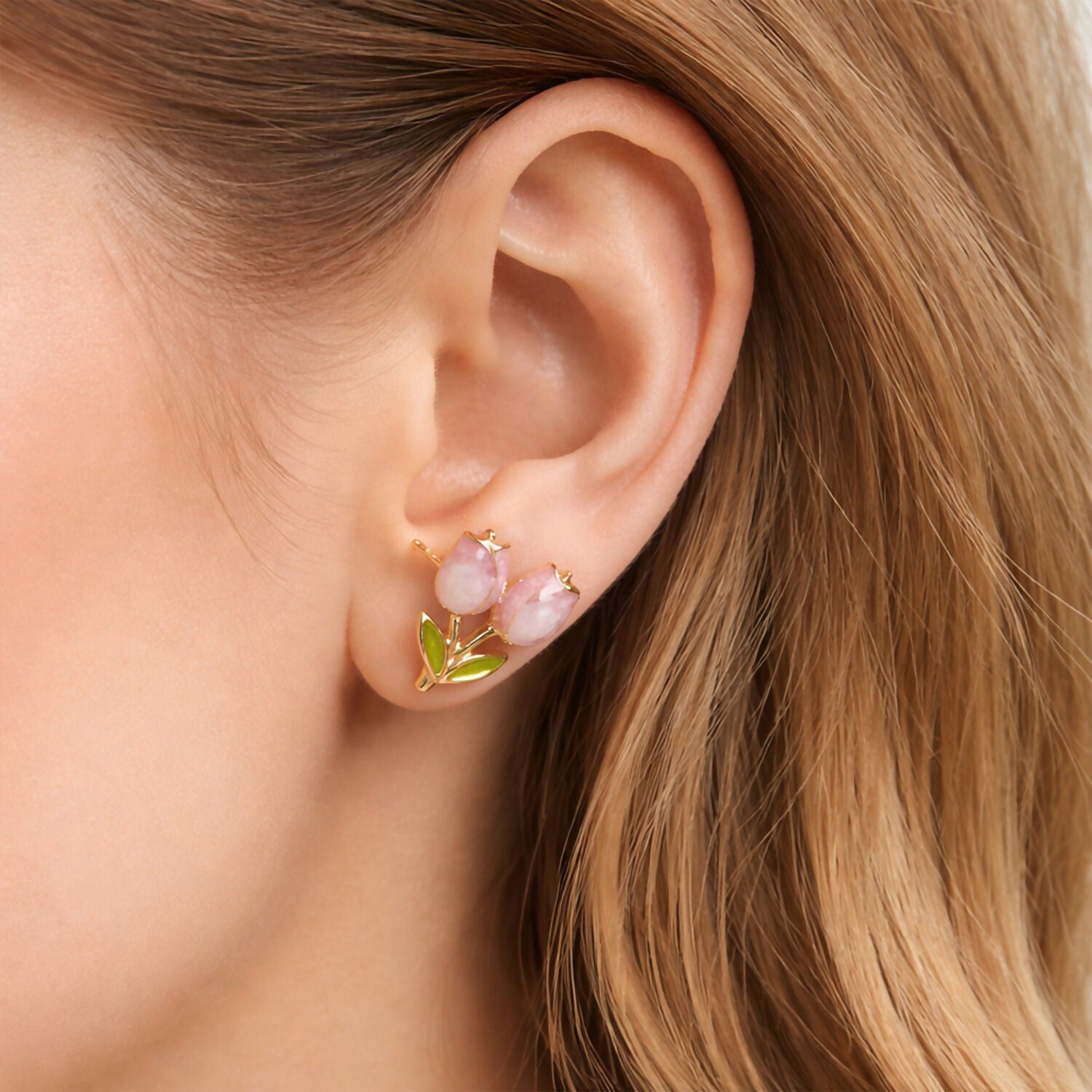 Korean Style Pink Tulip Flower Stud Earrings for Women & Girls