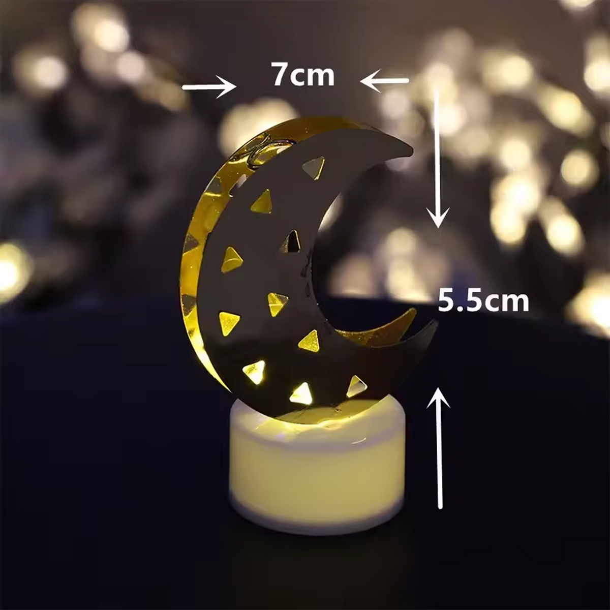 A single gold moon-shaped LED candle with dimensions 7cm width and 5.5cm height indicated.