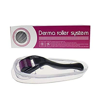 A derma roller in a clear plastic case is shown with its pink and white retail box on a white background.