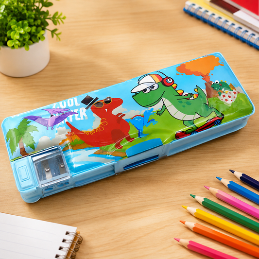 Blue pencil case with cartoon dinosaurs, a built-in sharpener, and a small plant in the background.