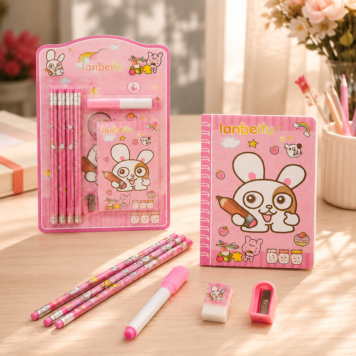A pink bunny-themed stationery set includes pencils, a notebook, an eraser, a sharpener, and a marker on a wooden table.