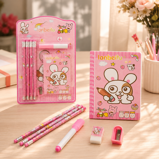 A pink bunny-themed stationery set includes pencils, a notebook, an eraser, a sharpener, and a marker on a wooden table.