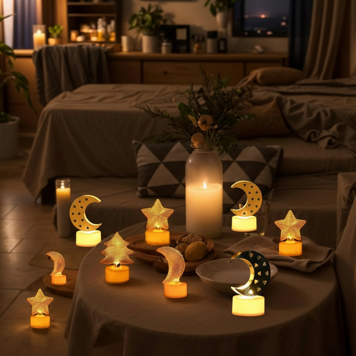 Assorted LED candles, including moon and star shapes, illuminating a cozy living room setting.