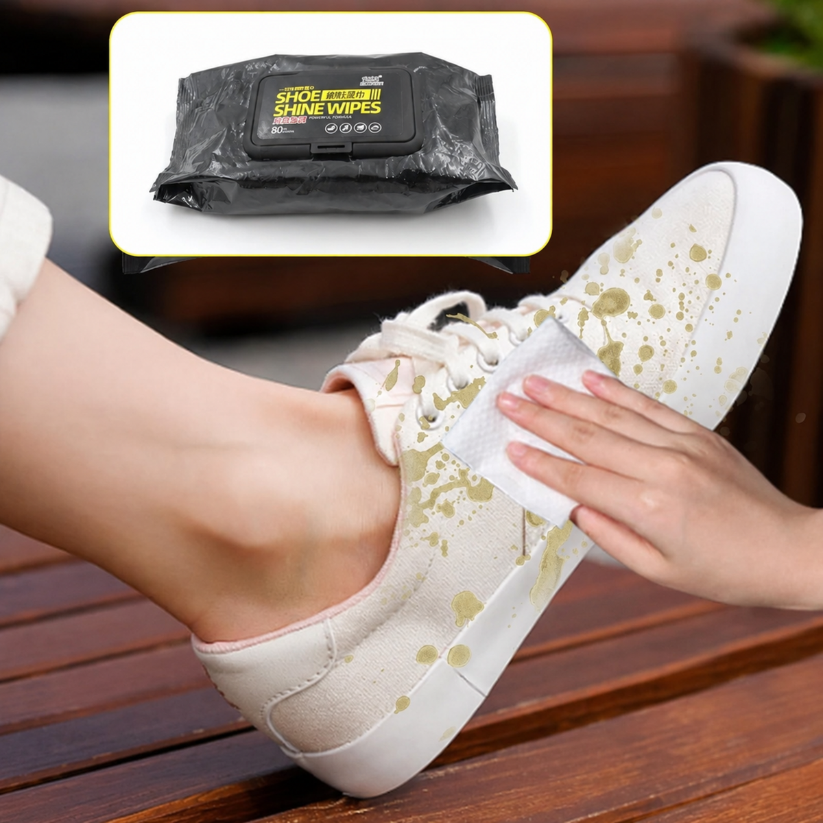 A hand uses a white wet wipe to clean yellow splatters off a beige canvas shoe on a wooden bench.