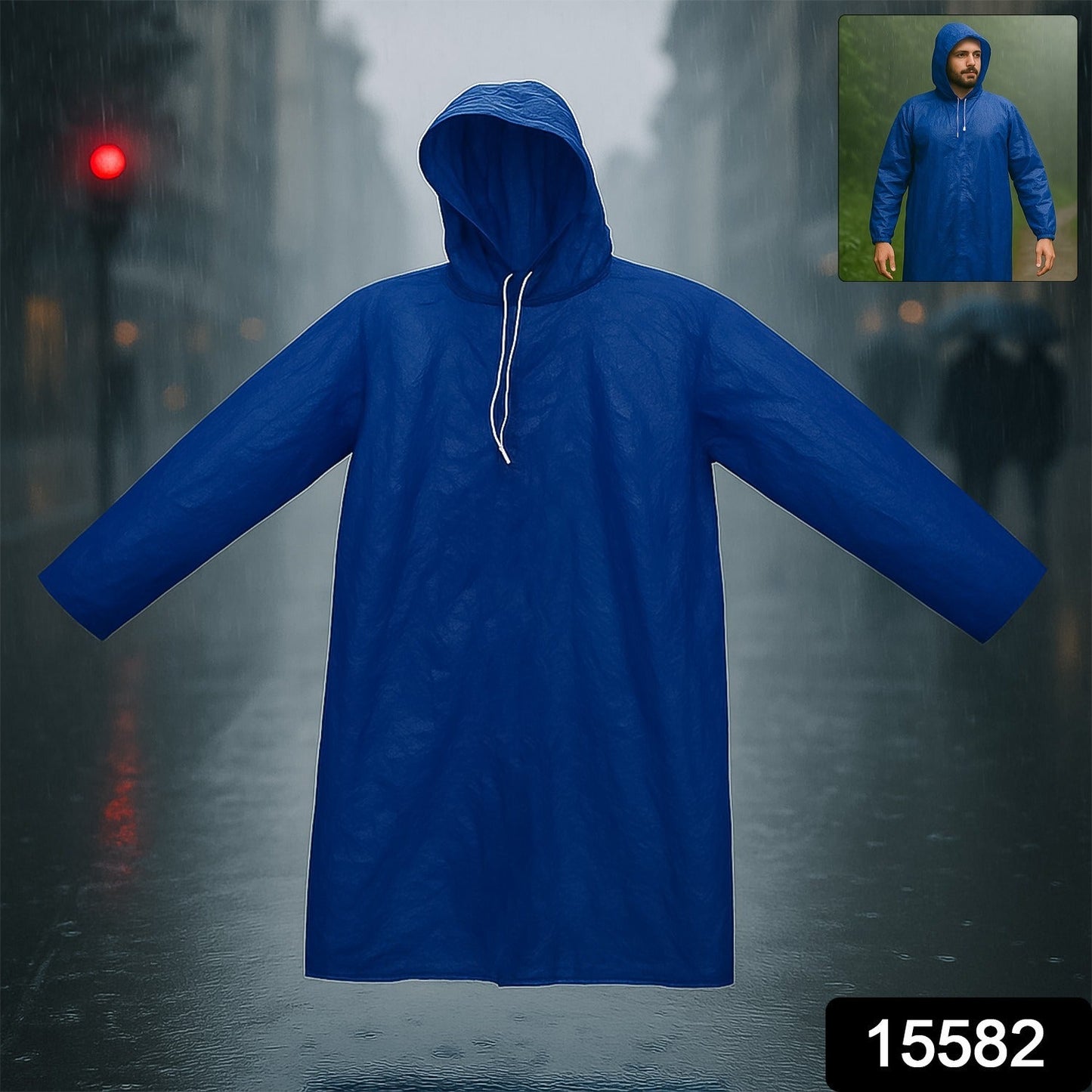Lightweight men's blue raincoat with adjustable hood for wind resistance