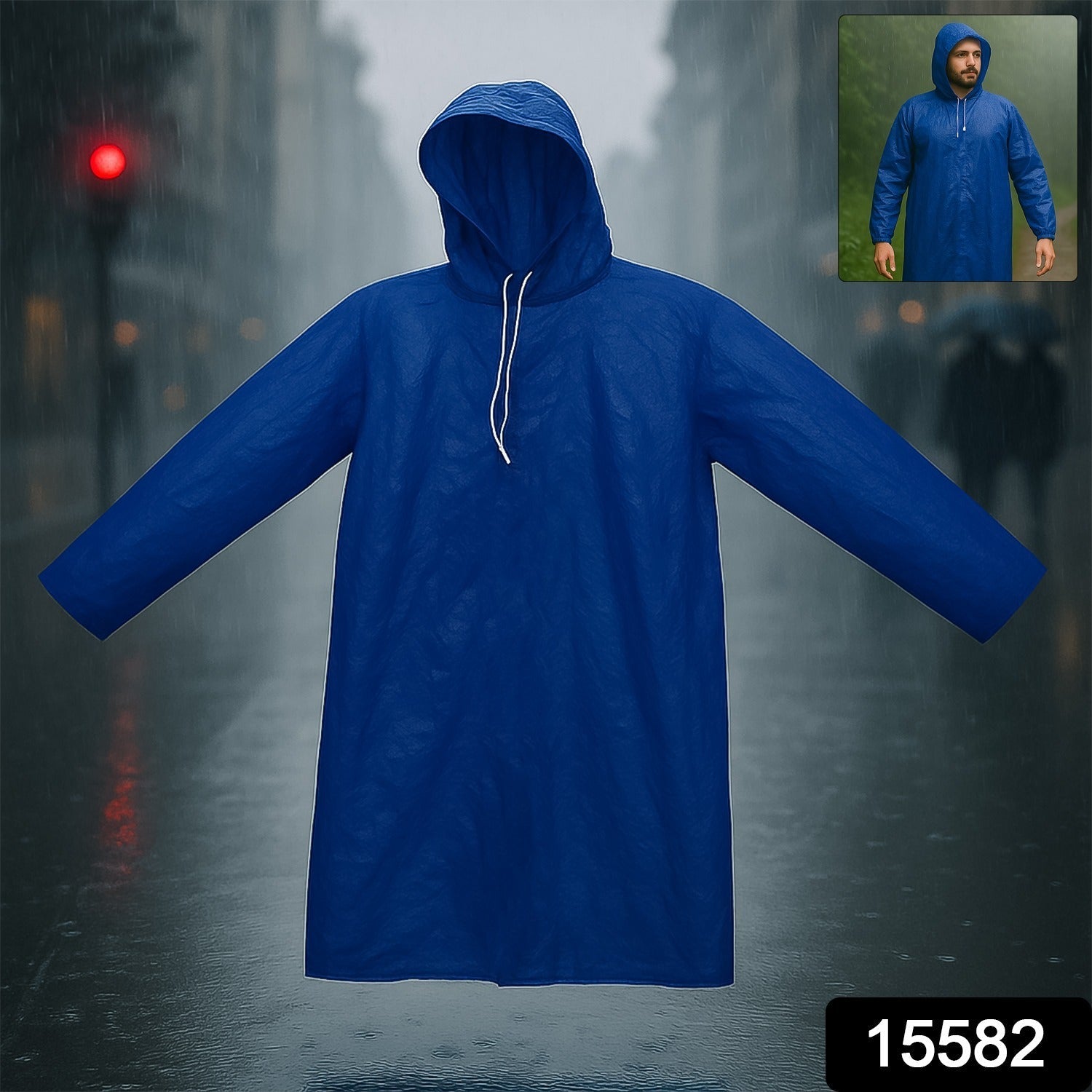 Lightweight men's blue raincoat with adjustable hood for wind resistance