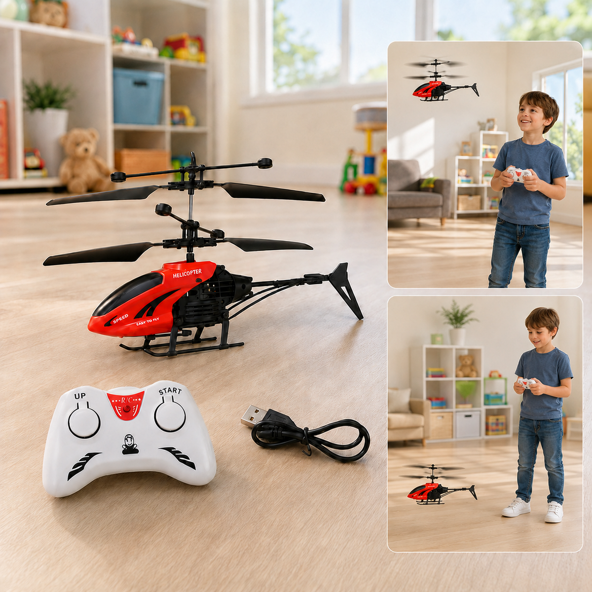 A red and black toy helicopter with a white remote control and USB charging cable on a wooden floor, with a child playing in