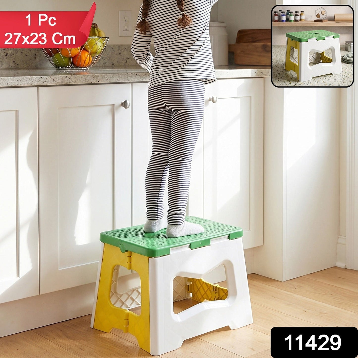 The foldable plastic stool is shown in a kitchen setting with a small inset image of the stool.
