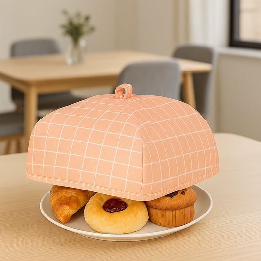 Foldable Food Cover open on a rustic wooden table, ready to protect dishes.
