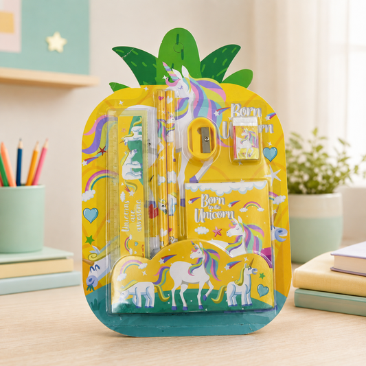 A yellow unicorn-themed stationery set in pineapple packaging, including pencils, a ruler, sharpener, eraser, and notebook,