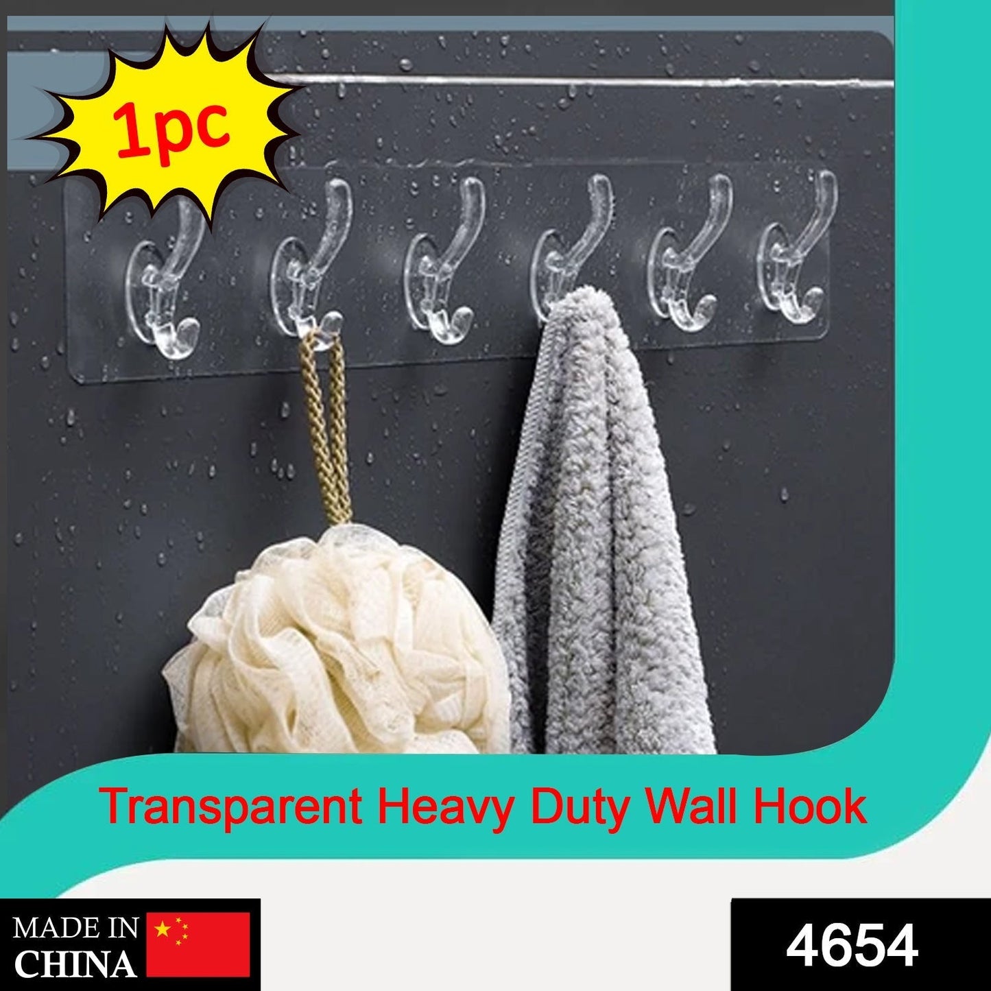 A clear plastic 6-hook adhesive rail with a loofah and grey towel on a dark wall, with text overlays.