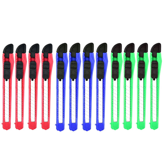 Set of 12 durable paper cutter knives in assorted colors