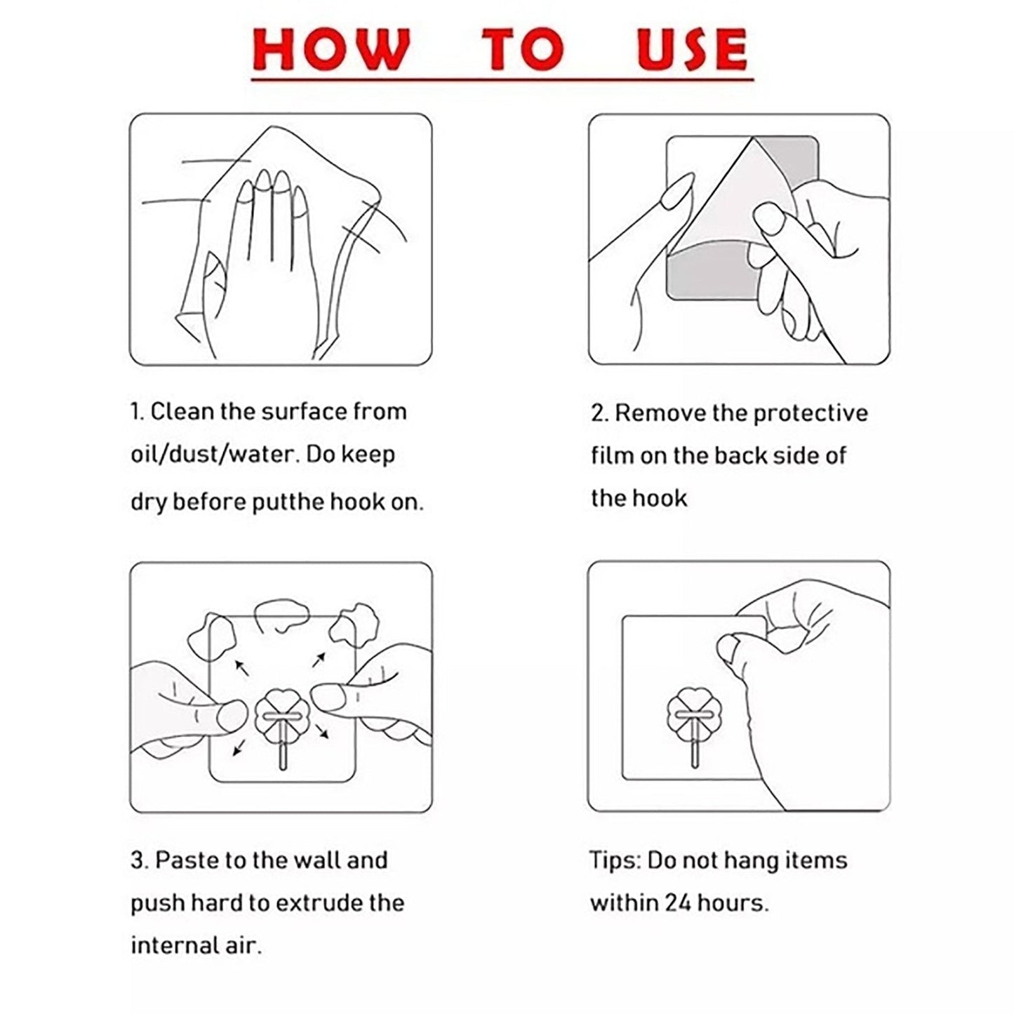A four-panel line drawing illustrates how to use the adhesive hook, including cleaning the surface, removing film, pasting,