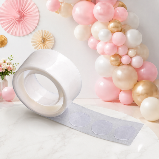 A roll of clear glue dots on a white paper backing, with a pink and gold balloon arch in the background.