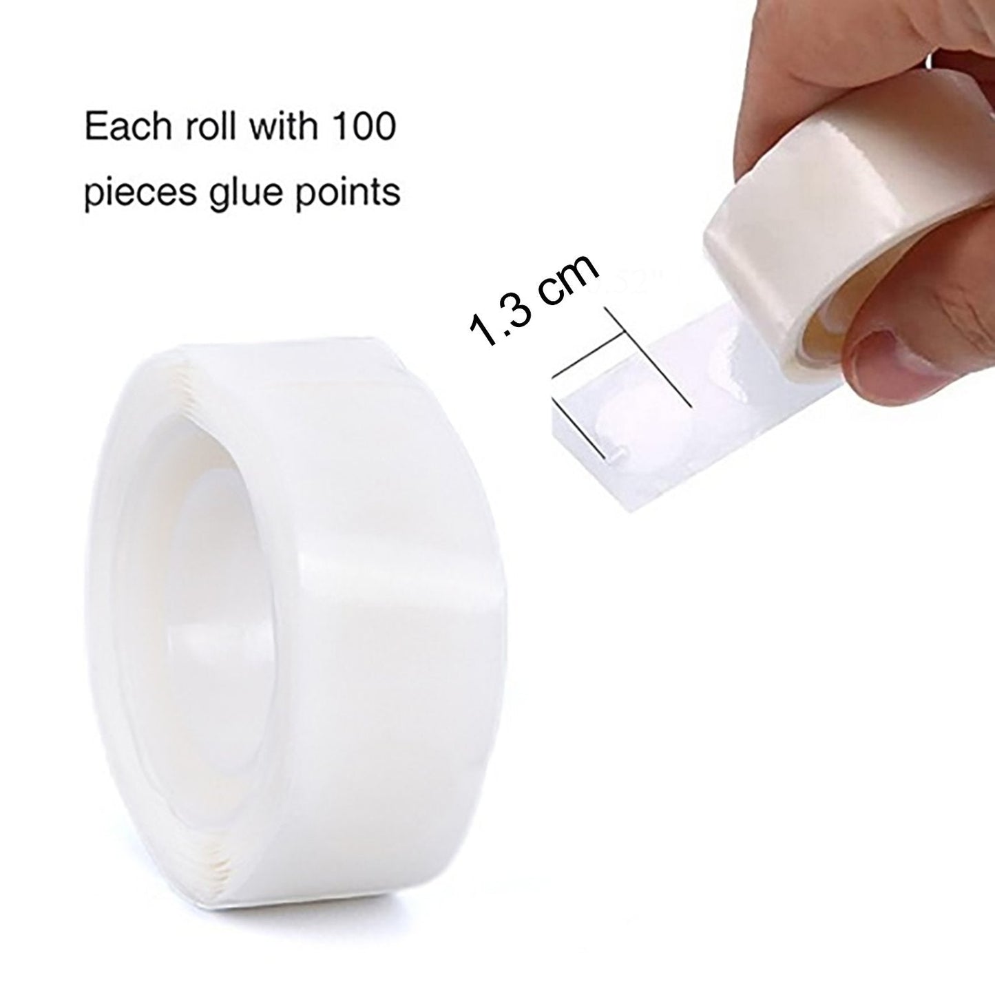 A hand peeling a clear glue dot from a roll, with text indicating "Each roll with 100 pieces glue points" and a 1.3 cm