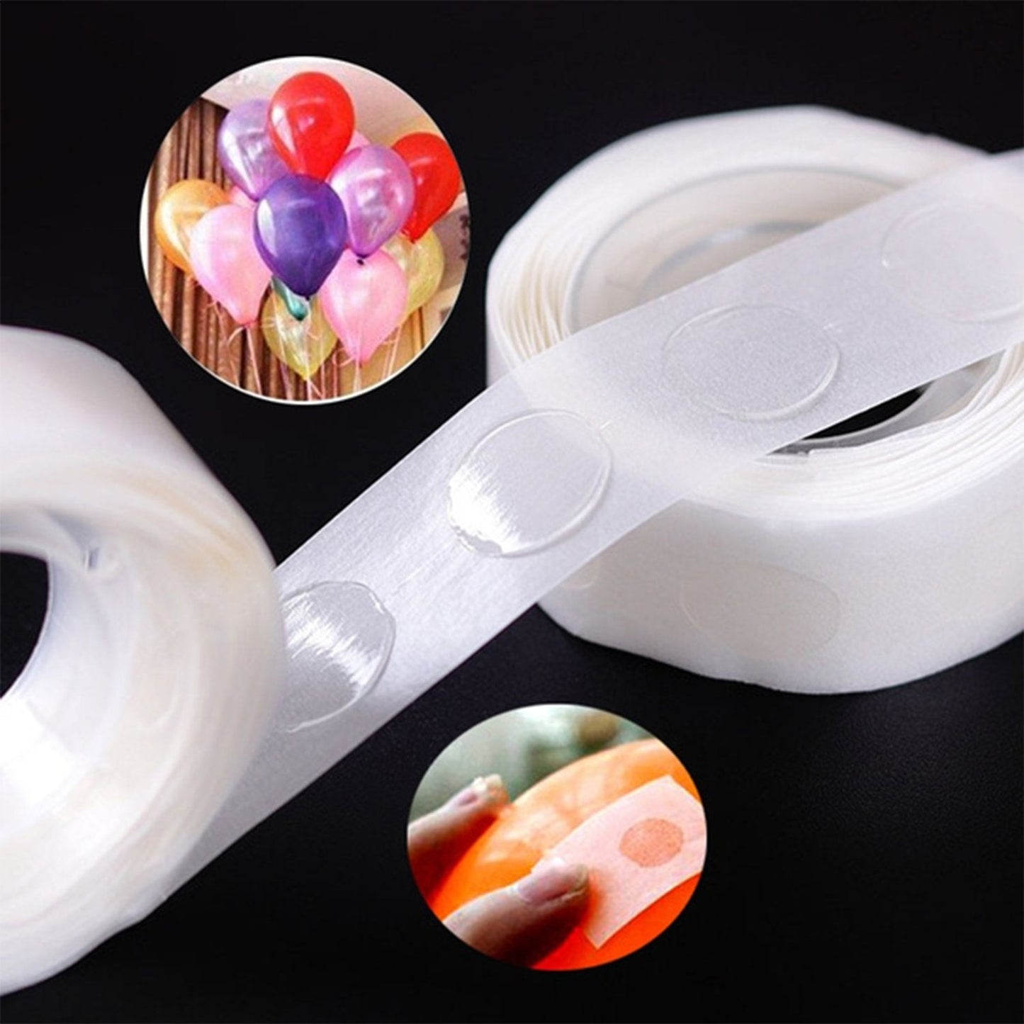 Two rolls of clear glue dots, with circular insets showing colorful balloons and a hand applying a glue dot.