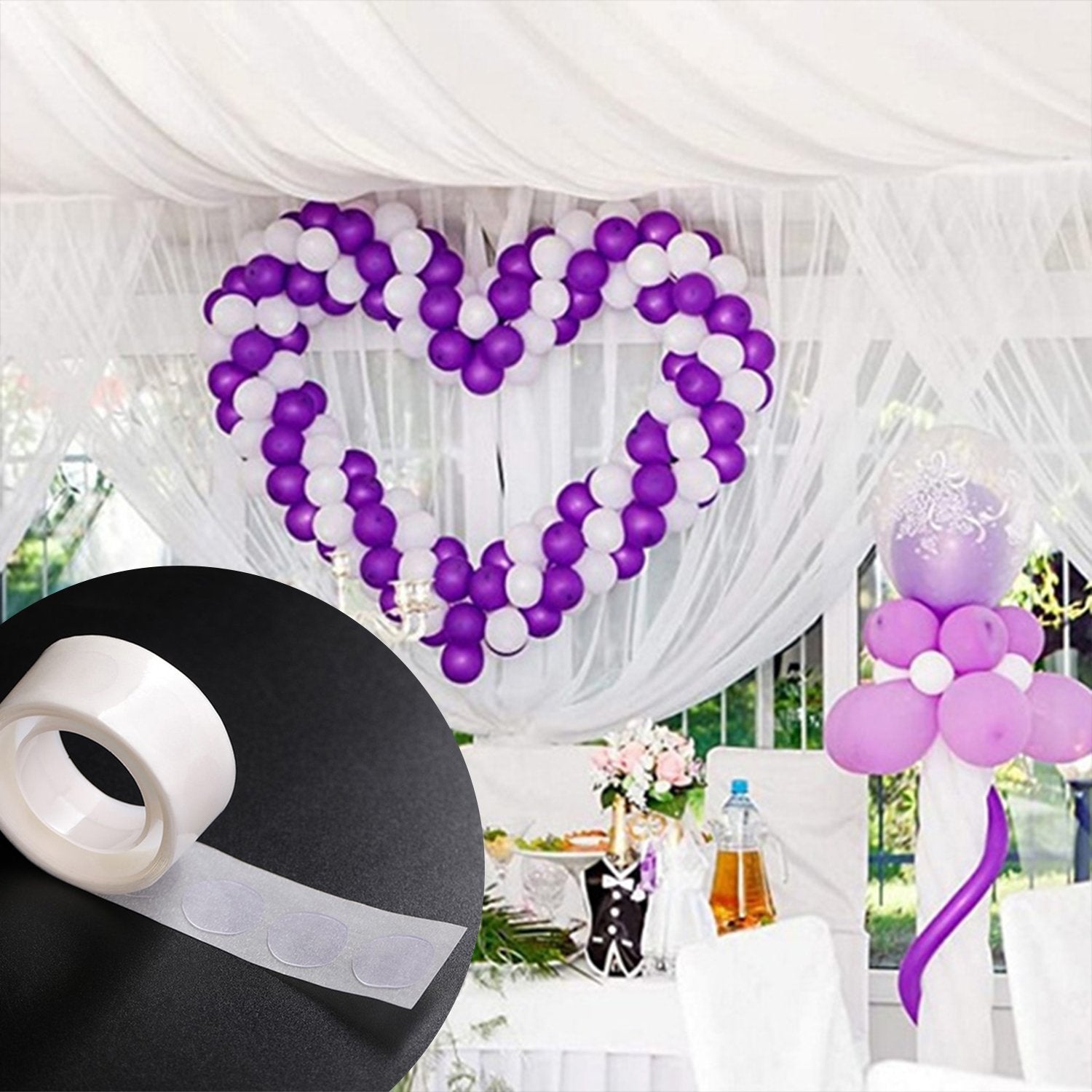 A roll of clear glue dots in the foreground, with a heart-shaped purple and white balloon arch in the background.