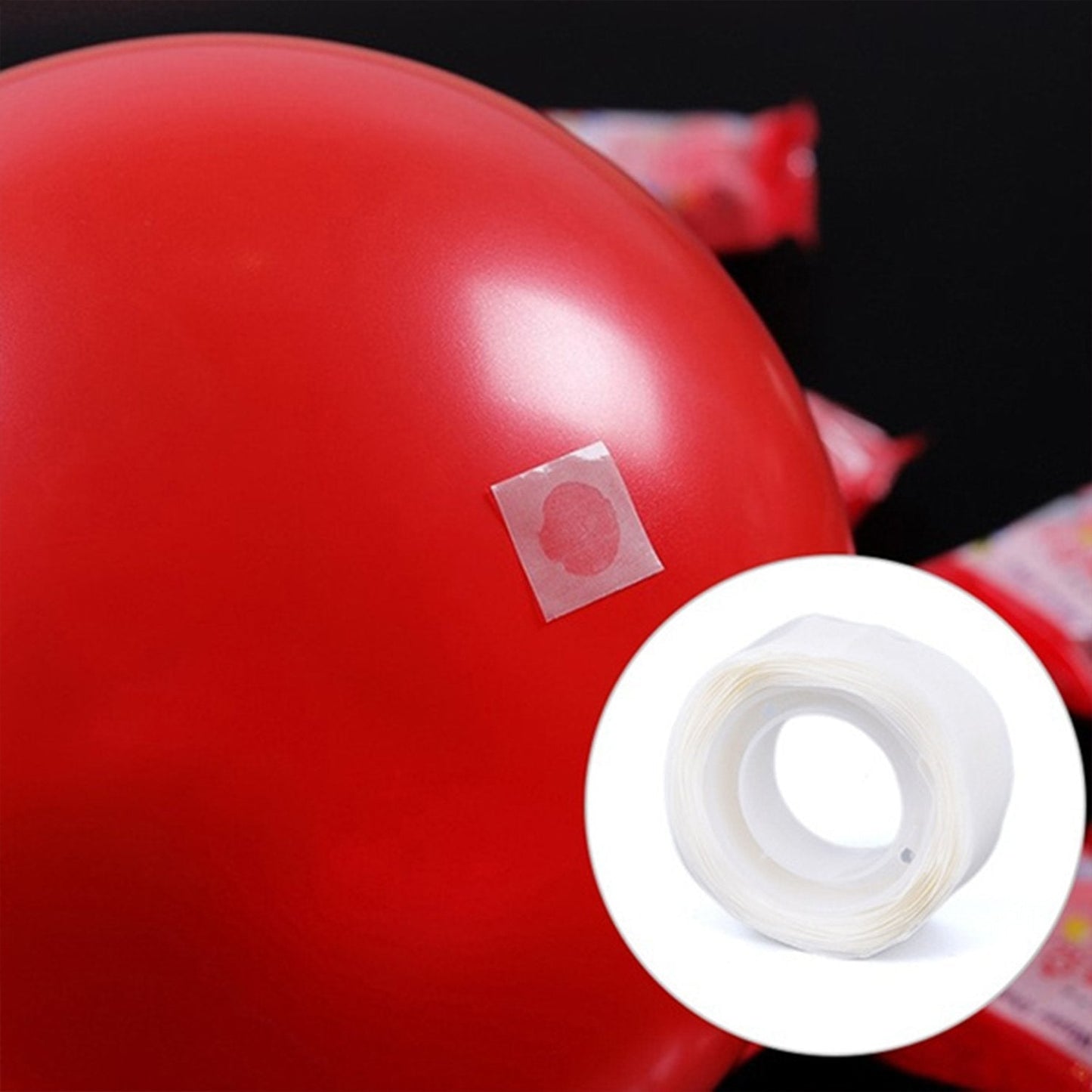 A close-up of a red balloon with a clear glue dot applied, and a roll of glue dots in a circular inset.