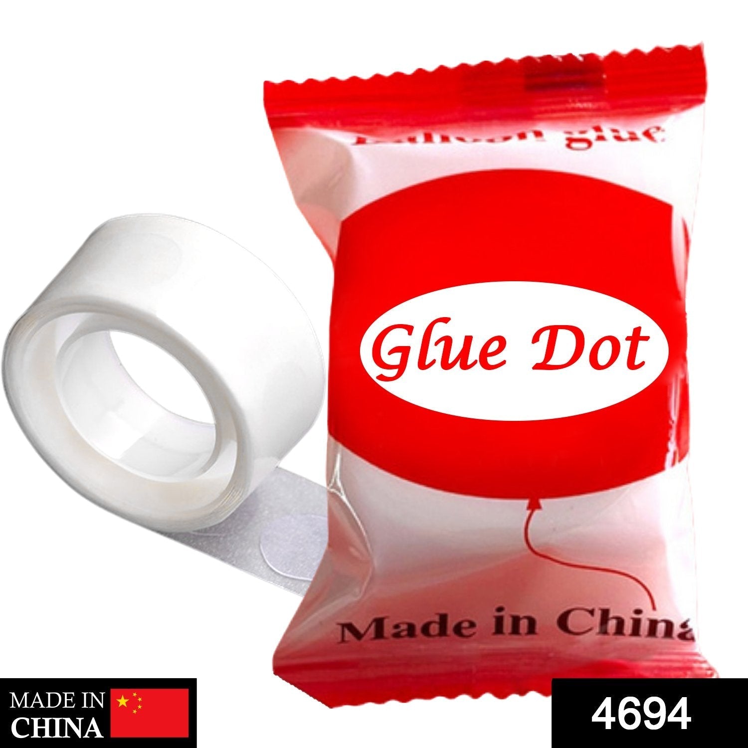 A roll of clear glue dots next to a red and white package labeled "Glue Dot" with "Made in China" text.