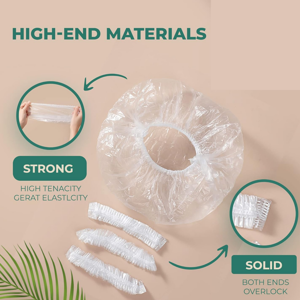 A large clear disposable shower cap and three rolled-up caps are displayed with text highlighting material properties.