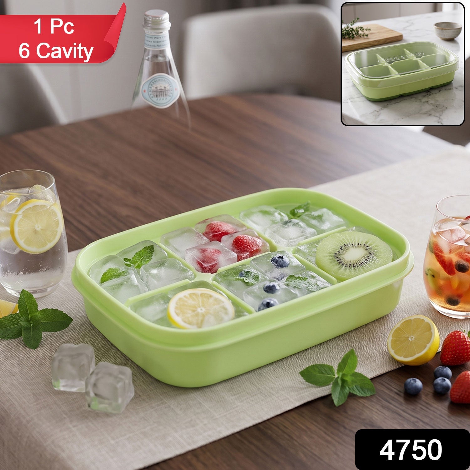 A green 6-cavity ice cube tray filled with fruit and mint-infused ice cubes, with a red banner stating "1 Pc 6 Cavity" and a