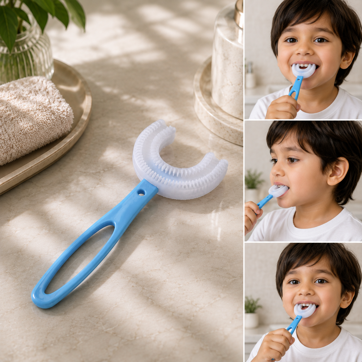 A blue U-shaped toothbrush on a bathroom counter with three insets of a boy brushing his teeth.