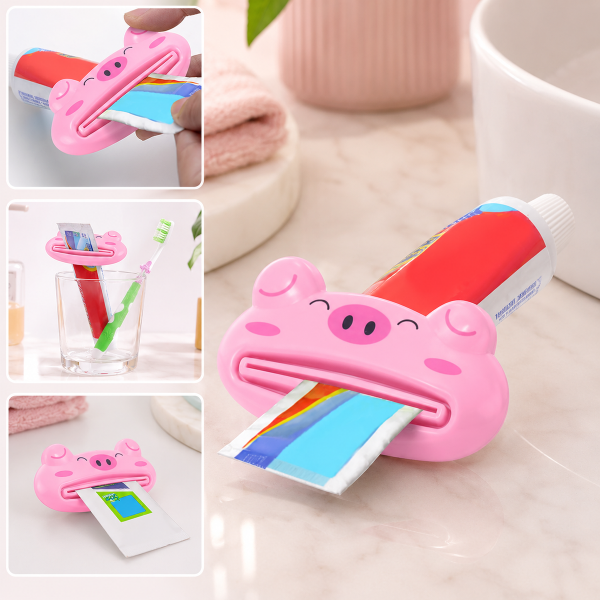 A pink pig-shaped toothpaste squeezer with a red and blue toothpaste tube being inserted, next to two smaller inset images