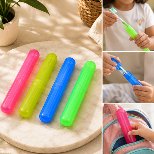 Four colorful toothbrush cases in pink, lime green, blue, and green on a marble surface, with close-ups of a child using