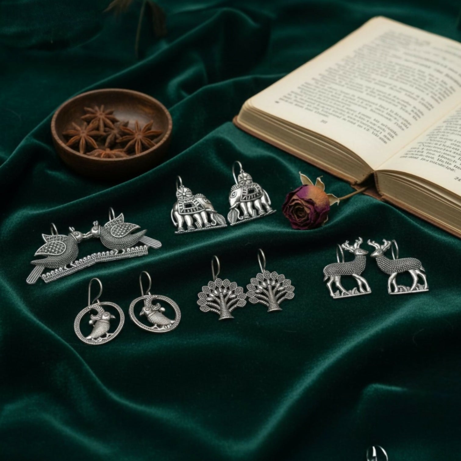 Handcrafted Oxidized Silver Earrings Combo – 5 Traditional Motif Pairs