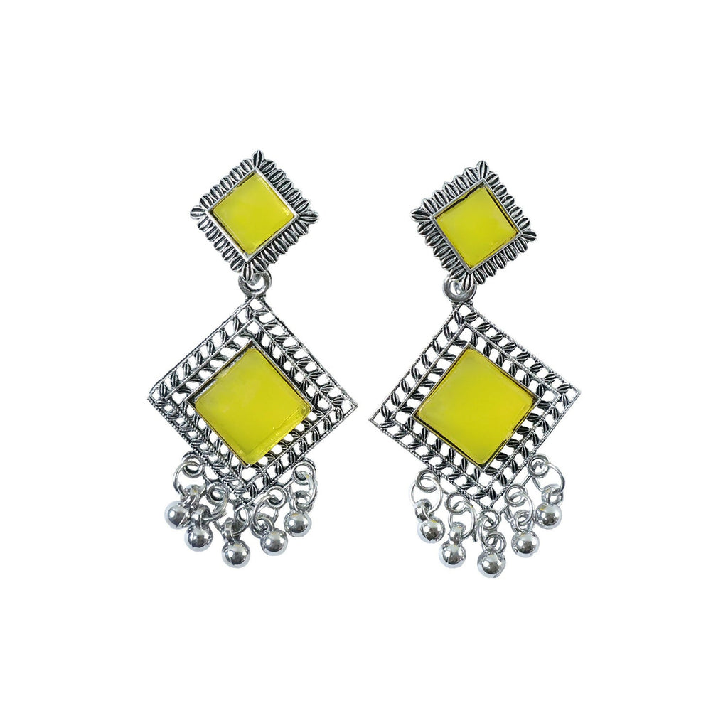 Traditional Indian Oxidised Dangler Earrings with Square Yellow Monalisa Stones