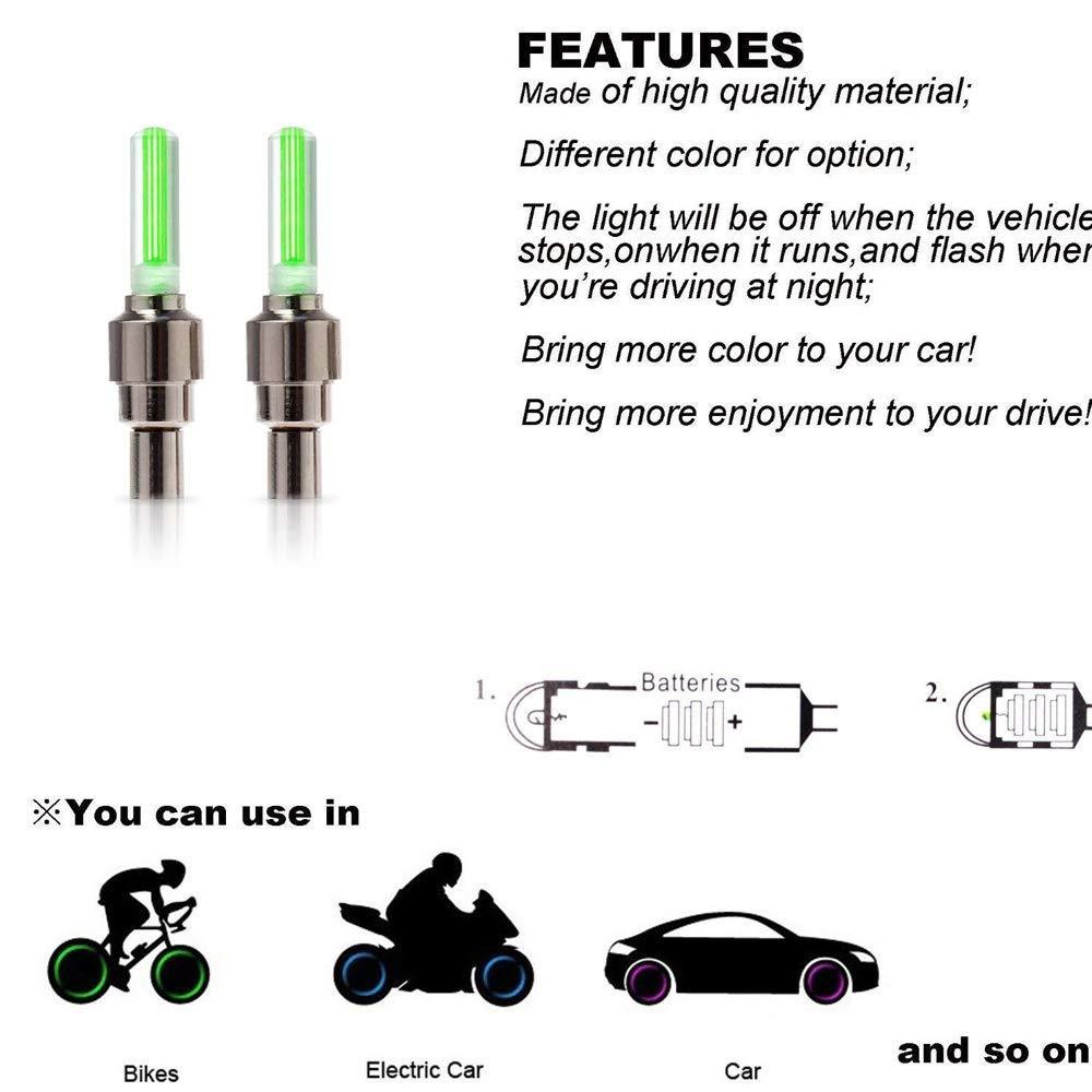 Two green LED valve cap lights with feature descriptions and diagrams for battery installation and vehicle use.