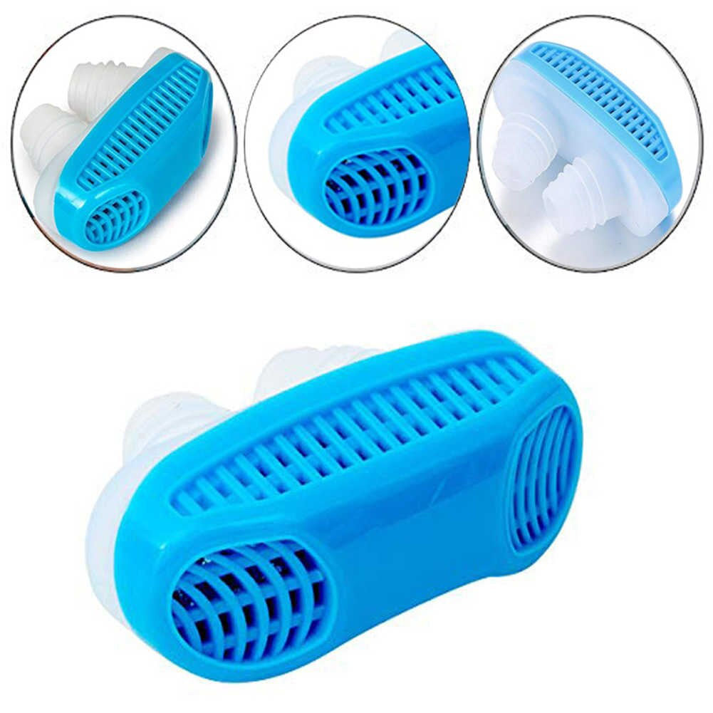 Three angled views of a blue and white anti-snoring nose clip with a grated front and two nasal inserts.