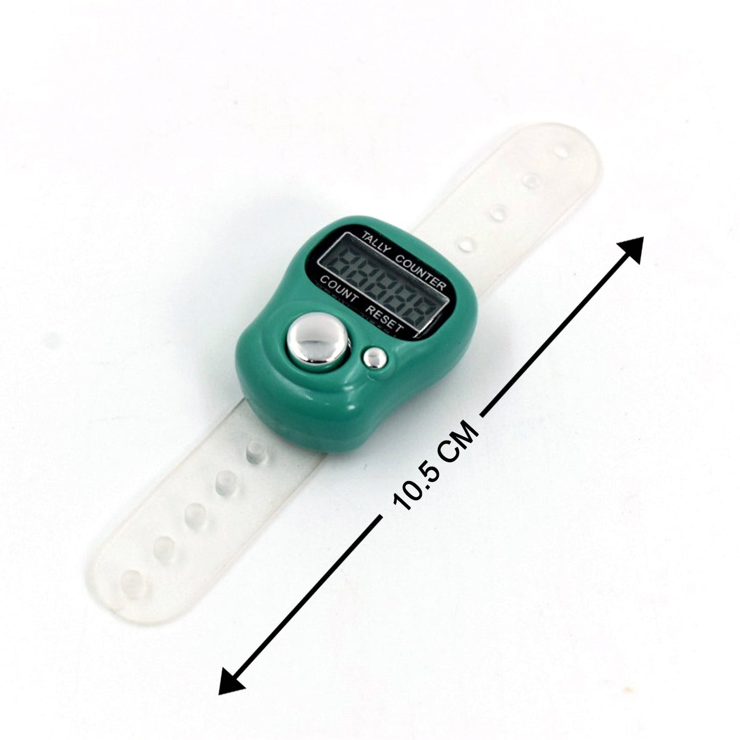 A green digital tally counter with a clear plastic wrist strap is shown with a 10.5 cm measurement arrow.