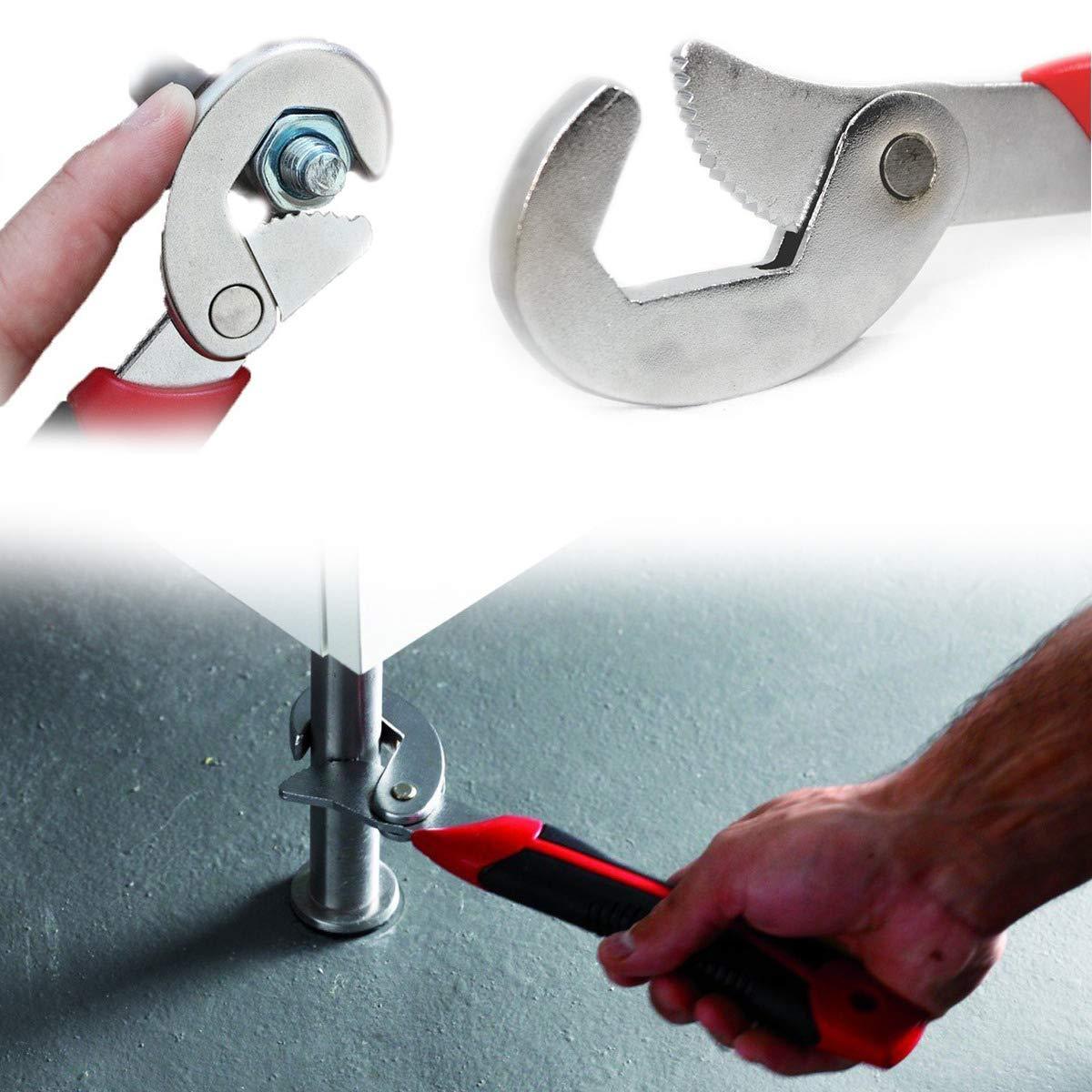 Three insets show a wrench tightening a bolt, a close-up of the wrench head, and a wrench adjusting a furniture leg.